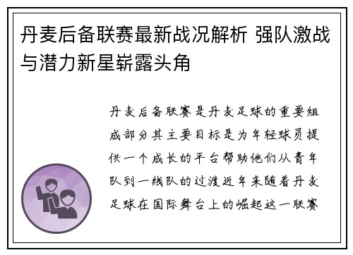丹麦后备联赛最新战况解析 强队激战与潜力新星崭露头角
