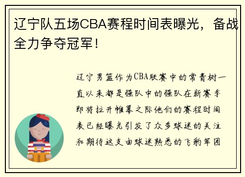 辽宁队五场CBA赛程时间表曝光，备战全力争夺冠军！